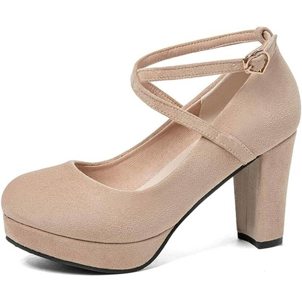 High Heeled Faux Suede Shoes Women Cross Strap Buckle Pumps Nude Sz 9US/40CN